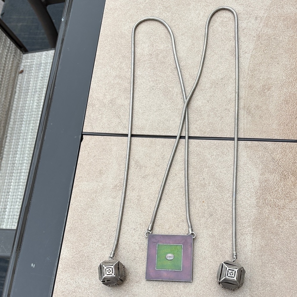 Jean Paul Gaultier Purple Green Silver Square Enamel Pendant Lariat Necklace-VTG